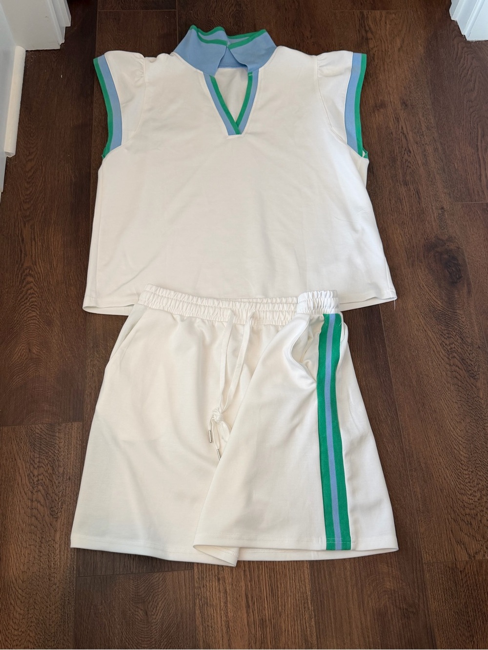 White Two-Piece Skirt Set with Blue & Green Trim